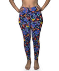 Front view of Midnight Rose Mosaic high-waisted leggings with blue roses and geometric shapes on navy