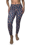 Front view of Peach Posy Navy high-waisted leggings with peach and coral roses on a navy background